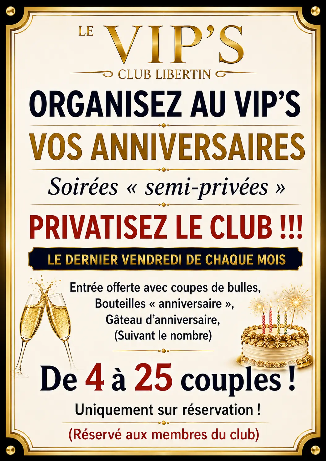 Affiche pour organiser un anniversaire au VIP’S