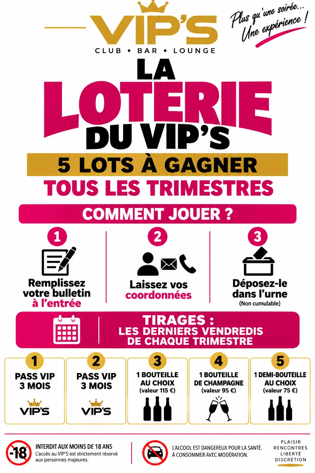 Affiche blanche de la loterie trimestrielle du VIP’S avec les cinq lots à gagner